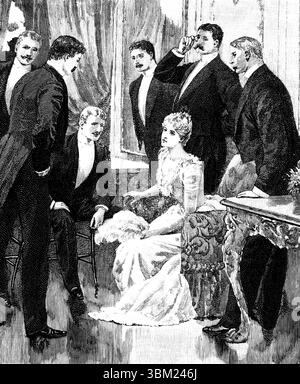 Femme de classe supérieure à l'événement social entouré d'hommes en robe de soirée gravé ligne illustration de 1892 The Quiver Magazine Banque D'Images