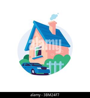 Illustration d'une maison et d'une voiture. Vecteur. Un symbole de l'immobilier, du crédit et des garanties. Propriété privée. Contexte pour les projets de conception. Illustration de Vecteur
