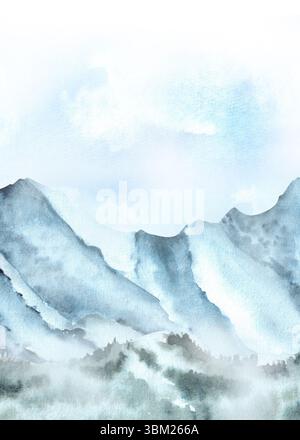 Modèle de carte de voeux à l'aquarelle prêt à l'emploi avec des montagnes bleues, colline, ciel, nuages. Illustration dessinée à la main pour cartes postales, invitation, affiche, couverture Banque D'Images