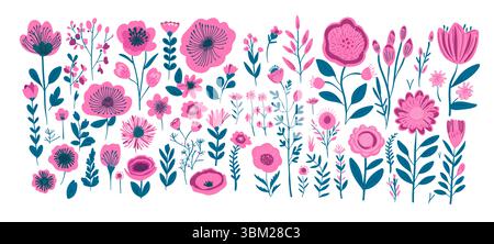 Ensemble de différentes fleurs vectorielles roses. dessiné à la main. Pas ai, illustration vectorielle Illustration de Vecteur