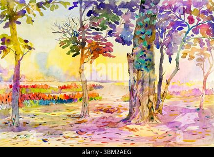 Aquarelle peinture paysage original jaune, couleur violet orange des fleurs de jardin dans le ciel et le fond de nuage Banque D'Images