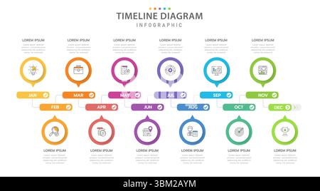 Modèle d'infographie pour les entreprises. Calendrier des diagrammes de la chronologie moderne de 12 mois, infographie des vecteurs de présentation. Illustration de Vecteur
