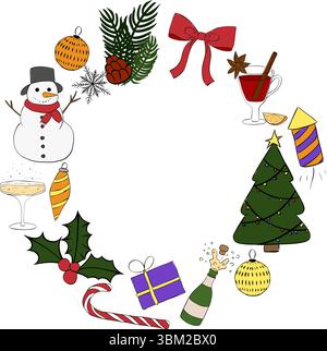 Objets, symboles et articles de vacances du nouvel an de Noël. Cadre cercle modèle rond. Illustration vectorielle d'encre de ligne graphique. Parfait pour les cartes, décoratio Illustration de Vecteur