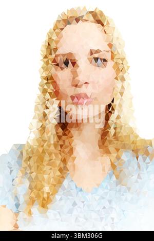 Œuvre d'art créée numériquement avec une illustration polygonale d'une femme blonde avec une expression neutre. Le design géométrique reflète un art moderne Banque D'Images