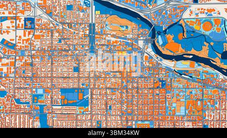 Carte d'art Eugene colorée avec des étiquettes et des bâtiments avec de nombreux détails pour les routes urbaines, les chemins et les disctricts. Banque D'Images