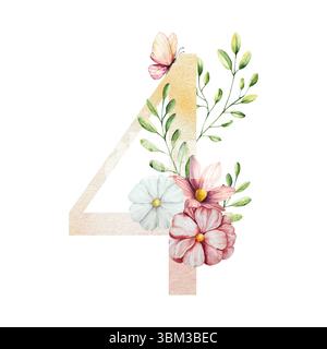 Élégant numéro quatre avec des fleurs et des feuilles, papillon. Aquarelle gerbera, camomille, échinacée. Art de fleurs sauvages dessiné à la main isolé sur fond Banque D'Images