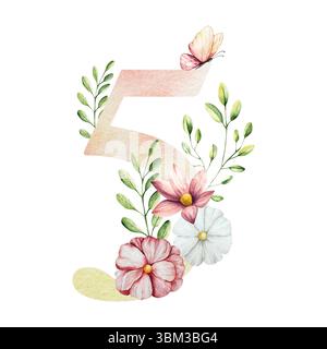 Élégant numéro trois avec des fleurs et des feuilles, papillon. Aquarelle gerbera, camomille, échinacée. Art de fleurs sauvages dessiné à la main isolé sur fond Banque D'Images