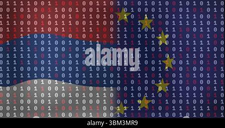 Diffusion de chiffres binaires formant des bandes rouges bleues blanches dans les graphiques numériques, avec 12 étoiles jaunes Banque D'Images