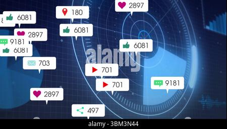 Affichage d'un groupe d'icônes de bulles de parole flottant sur une grille bleue virtuelle, avec des métriques de médias sociaux Banque D'Images