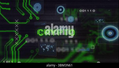 Texte CRYPTO brillant dominant le tableau de bord cyber montrant des circuits au néon, des panneaux HUD, du code binaire Banque D'Images