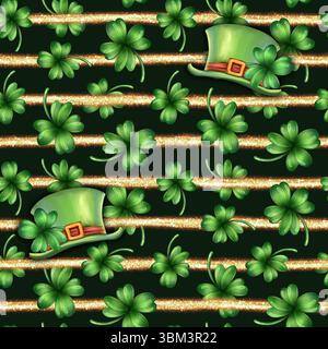 Modèle sans couture avec feuilles de trèfle et chapeaux Leprechaun. Trèfle vert à quatre feuilles. Contexte de la St Patrick. Banque D'Images