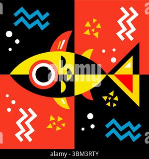Motif de répétition sans couture jaune rouge poisson noir Illustration de Vecteur