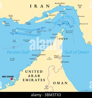 Détroit d'Ormuz, carte politique. Fournit le seul passage maritime du golfe Persique à l'océan ouvert. L'un des points d'étranglement les plus importants sur le plan stratégique. Banque D'Images