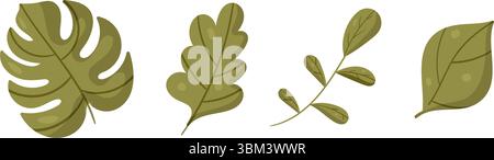 Ensemble de feuilles vertes d'arbre et d'arbuste. Monstera, feuille de chêne et autres plantes. Illustration botanique vectorielle, isolée sur fond blanc. Illustration de Vecteur