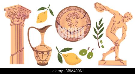 Ensemble de doodle grec ancien avec colonne, pièce montrant le profil, statue de lanceur de disque, cruche en céramique amphore, citrons jaunes et olives vertes. Symboles texturés de l'antiquité méditerranéenne pour le design historique Illustration de Vecteur