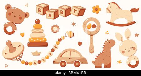 Un ensemble de jouets mignons pour enfants et d'éléments peints dans des couleurs bohème. Le paquet contient des hochets de bébé, pyramide, voiture, sucette, dinosaure et cubes. Illustration de Vecteur