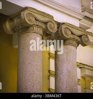 Deux colonnes en pierre ornées présentent des chapiteaux magnifiquement sculptés, mettant en valeur les détails architecturaux classiques. Placés sur un fond jaune doux, ils R Banque D'Images