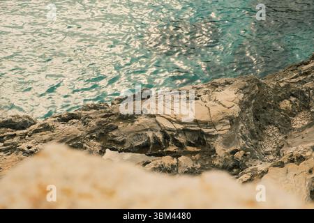 Bord de falaise de calcaire au-dessus des eaux turquoises de la mer Adriatique. Texture côtière naturelle avec des formations rocheuses accidentées et des reflets du soleil sur l'eau. Banque D'Images