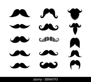Un ensemble vectoriel propre et polyvalent de 12 styles de moustache uniques, y compris rétro, hipster, guidon Illustration de Vecteur
