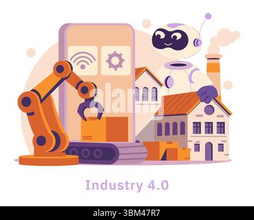 L’IA et l’automatisation transforment les processus de fabrication dans l’industrie 4,0, mettant en vedette les bras robotiques et les dispositifs intelligents. Cette illustration met en évidence les avancées technologiques et les environnements industriels modernes. Illustration de Vecteur