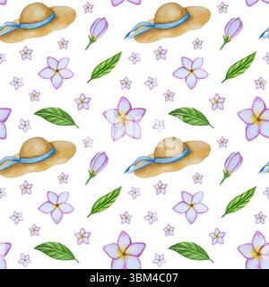 Aquarelle dessinée à la main plage d'été avec des articles de station côtière, tels que palmier, parasol, coctails, coquillages, lunettes de soleil, chapeau, et fleurs Banque D'Images