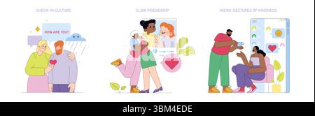 Illustration vectorielle représentant trois scènes d'amitié et de gentillesse dans la communication moderne. Les gens s'engagent dans des interactions positives, mettant en évidence l'empathie et les gestes de soutien. Illustration de Vecteur
