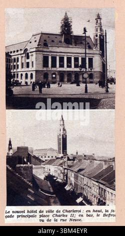 Le nouvel Hôtel de ville de Charleroi. En haut, la façade principale place Charles II. en bas, le beffroi vue de la rue Neuve fin XIXe siècle début XXe siècle Banque D'Images