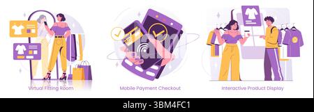 Illustration vectorielle de trois scènes représentant des interactions de vente au détail numérique. Dispose d'une cabine d'essayage virtuelle, d'une caisse de paiement mobile et d'un affichage interactif des produits avec des utilisateurs engagés. Illustration de Vecteur