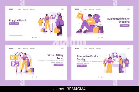 Illustration vectorielle illustrant des concepts de vente au détail phygital innovants. Met en évidence les achats en réalité augmentée, les cabines d'essayage virtuelles et les expositions interactives de produits avec des acheteurs enthousiastes. Illustration de Vecteur