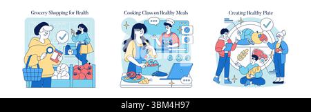Illustration vectorielle représentant les courses, un cours de cuisine et la création d'une assiette de repas saine. Se concentre sur la santé, la nutrition et les choix de mode de vie dans un style lumineux et engageant. Illustration de Vecteur