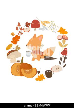 Mignon petit renard debout dans la couronne avec des plantes d'automne et des tasses Illustration de Vecteur
