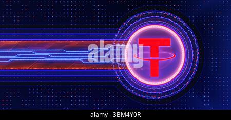 Symbole d'attache USDT sur fond technologique sombre abstrait. Pièce de monnaie et circuit. Impulsion électrique sur la carte mère. International et mondial Banque D'Images