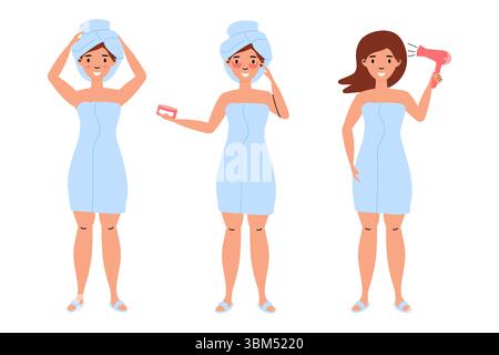 Femmes en serviette s'engageant dans la routine d'auto-soins à la maison après la douche le matin Illustration de Vecteur