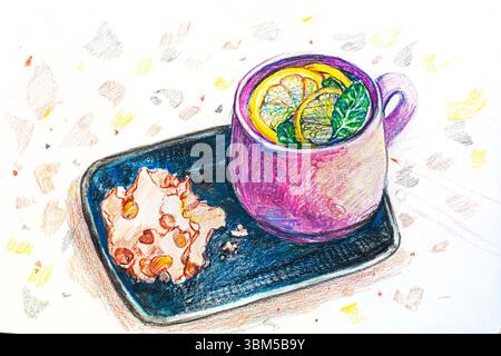 tasse de thé au citron et à la menthe et meringue illustration dessinée à la main avec des crayons de couleur Banque D'Images