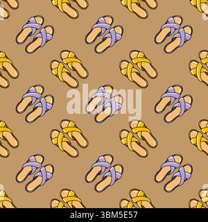 Modèle sans couture avec pantoufles croisées jaunes et violettes sur fond marron. Chaussures d'été. Vecteur de style de dessin animé Illustration de Vecteur
