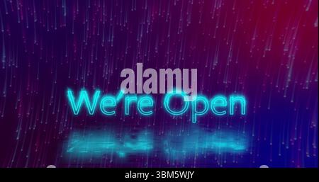 Lecture de texte au néon lumineux nous sommes ouverts pulsant sur fond numérique, avec des stries et des reflets lumineux. Néon, numérique, futuriste, immersif, vibrant, te Banque D'Images