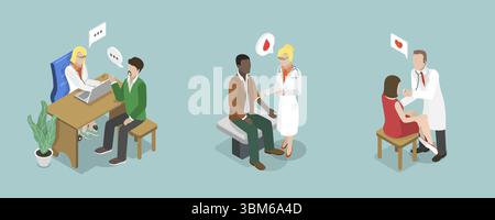 Illustration plate isométrique 3D de l'examen de santé, les patients rencontrant le médecin Banque D'Images