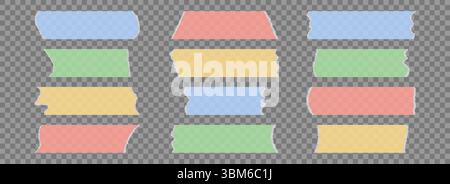 Collection de rubans adhésifs colorés. Jeu de morceaux de ruban adhésif déchiré. bande. Bandes scotch en plastique avec bords déchirés. Papier de masquage collant pour emballage, étiquette vierge, étiquette, autocollant, décoration. Vecteur Illustration de Vecteur