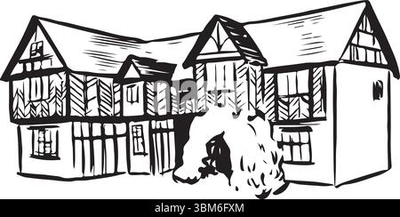 Blakesley Hall, Birmingham, Angleterre croquis à l'encre noire et blanche. Architecture Tudor avec design à ossature de bois et pignons décoratifs. Historique culturel Illustration de Vecteur