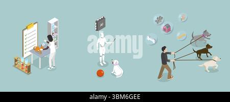 Illustration plate isométrique 3D des services vétérinaires, des soins aux animaux de compagnie, de l'aide et du sauvetage Banque D'Images
