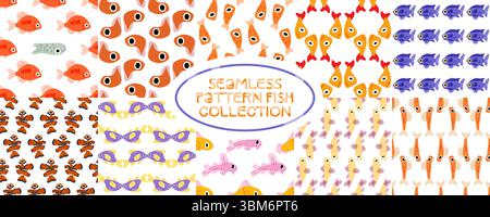 Collection de 10 motifs sans couture avec des poissons de bande dessinée colorés dans diverses formes et styles. Illustration plate, palette lumineuse, isolé sur fond blanc Illustration de Vecteur