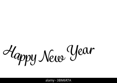 Avec texte cursif noir « Happy New Year » sur une toile blanche minimaliste à motif plat Banque D'Images