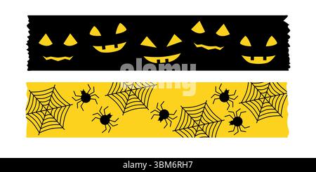 Illustrations effrayantes et mignonnes du ruban washi d'Halloween. Ruban de masquage vectoriel en noir orange et violet avec chauves-souris citrouilles et araignées. Parfait pour Illustration de Vecteur