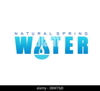 Icône de l'eau de source avec typographie bleue dégradée avec gouttelettes d'eau naturelles. Emblème vectoriel représentant la pureté, la fraîcheur et l'hydratation, mettant l'accent sur la clarté et les thèmes écologiques dans l'image de marque Illustration de Vecteur