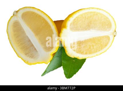 Vue de face de fruits de citron jaune mûr avec deux moitiés en ovale ou ellipses en tas est isolé sur fond blanc avec chemin de découpage. Banque D'Images