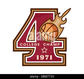 Patch sportif Varsity avec police numérique et balle de basket-ball pour l'équipe universitaire, emblème vectoriel. Collège ligue et patch de sport universitaire avec le numéro 4 quatre pour les joueurs de basket-ball club ou championnat Illustration de Vecteur