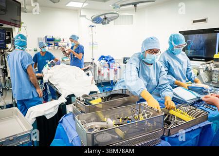 Mise en place d'une prothèse de hanche avec assistance robotique à l'hôpital Lyon Sud. Banque D'Images