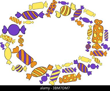 Modèle de cadre ovale Candy Sweets. Illustration vectorielle d'encre de ligne graphique pour le texte. Carte pour la bonne journée sucrée et Halloween. Pour logo, Web, pac Illustration de Vecteur