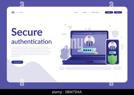 Illustration vectorielle d'un site Web d'authentification sécurisé avec ordinateur portable, smartphone, image de profil et icône de bouclier dans une mise en page bleue moderne Illustration de Vecteur
