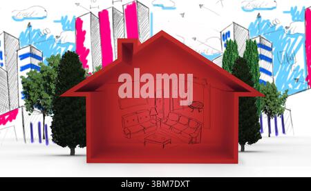 Le rendu conceptuel 3D montre un modèle de maison rouge révélant des croquis de salon avec des arbres stylisés Banque D'Images